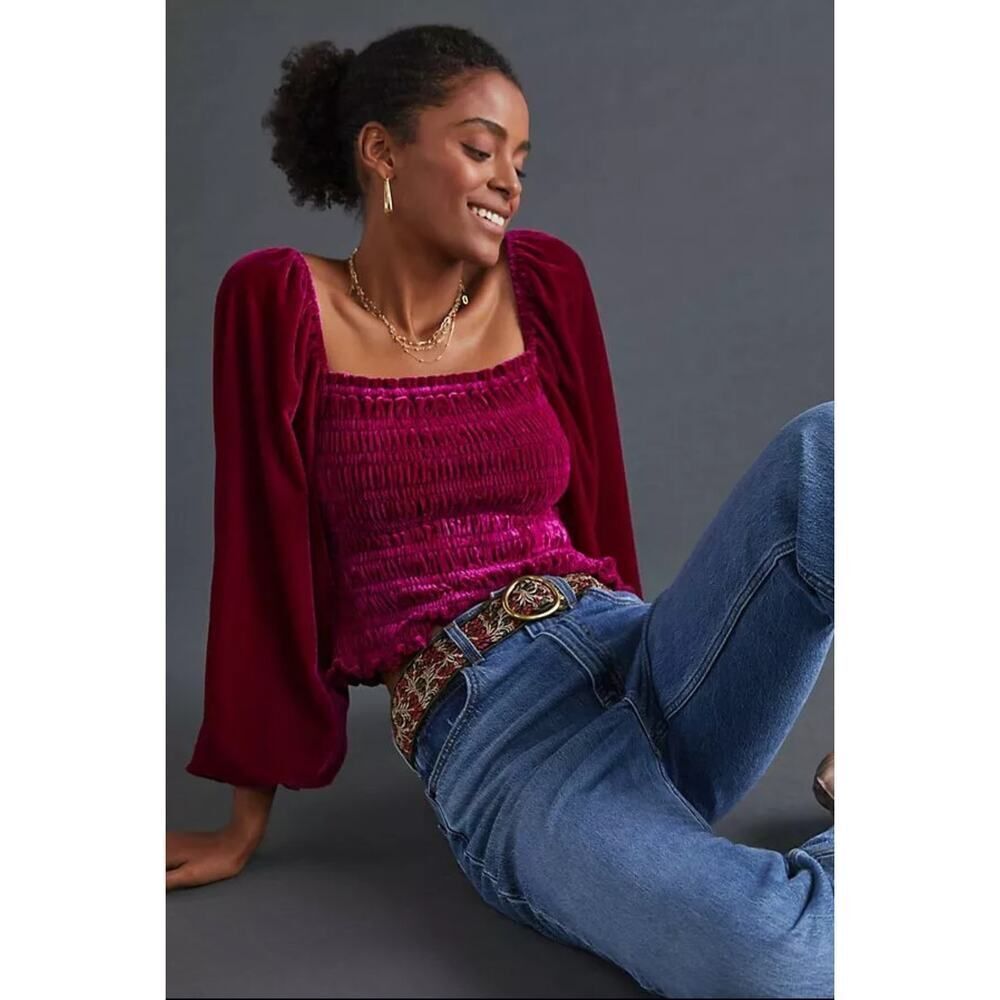 Anthropologie Puff-Sleeve Velvet Blouse Pink Size Small
